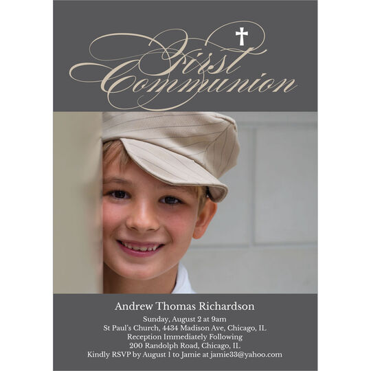 Grey First Communion Photo Invitations